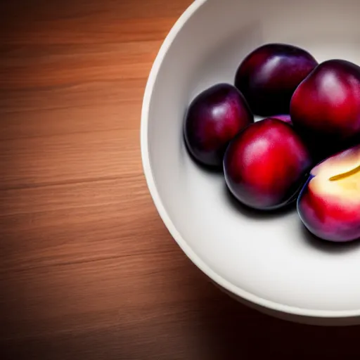 Image similar to concept art of a single thick porcelain bowl filled with a few moist freshly picked plums on a wooden table. volumetric lighting. 4 k. small scale. artistic. top down.