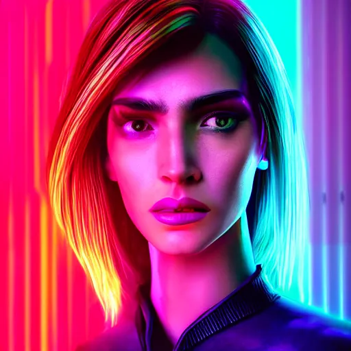 Prompt: A profile portrait of a woman,cyberpunk,neon colors,neon background, f1.8, 50mm, vibrant light leaks,high detailed, intricate detail,high contrast, hyper realism 8k,trending on artstation.