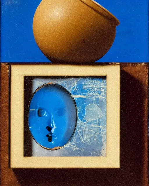 Prompt: joseph cornell's 'a brain submerged in a pot of coffee', still life, far shot, abstract, blue background, vibrant