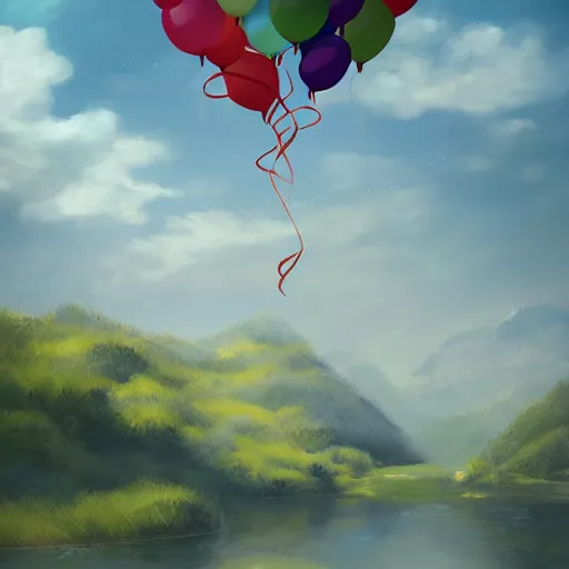 Image similar to plenty of floating birthday balloons. beautiful landscape. digital art, highly - detailed, artstation cgsociety masterpiece