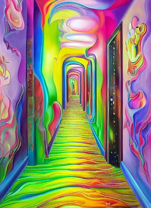 Image similar to an extremely high quality hd surrealism painting of a 3d slow-shutter galactic neon complimentary colored cartoon surrealism melting optical illusion hallway by kandsky and salviadoor dali the seventh, salvador dali's much much much much more talented painter cousin, 4k, ultra realistic, super realistic, so realistic that it changes your life