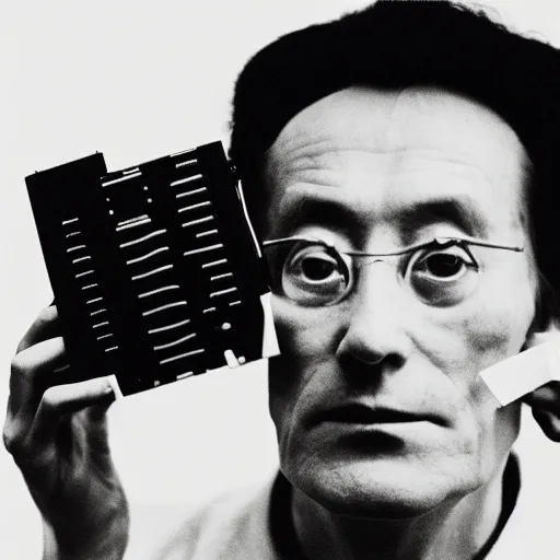 Image similar to a minimalist portrait of Marcel Duchamp holding computer cables in the style of Annie Leibovitz, Irving Penn, Hito Steyerl, Akira Kurosawa, Shinya Tsukamoto, wide angle, monochrome, futuristic tetsuo