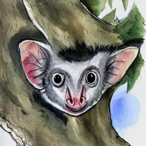 Prompt: an aye - aye in a tree. watercolour and ink