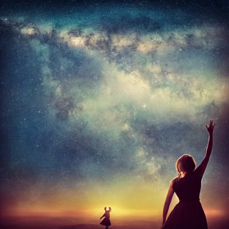 Image similar to album cover, with text'kosmichna vystava ', a beautiful landscape of a starry sky with an beautiful woman waving to the horizon, cinematic, dramatic, photojournalism, highly detailed