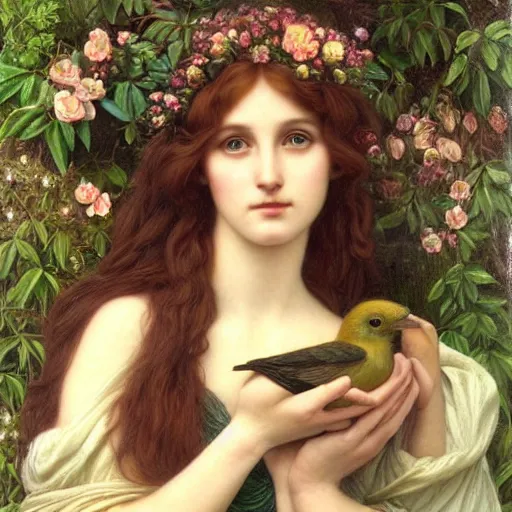 Prompt: Beautiful Pre-Raphaelite goddess of nature holding a little bird, in the style of John William Godward and Anna Dittman, close-up portrait, head in focus, flowers and plants, etheric, moody, intricate, mystical,