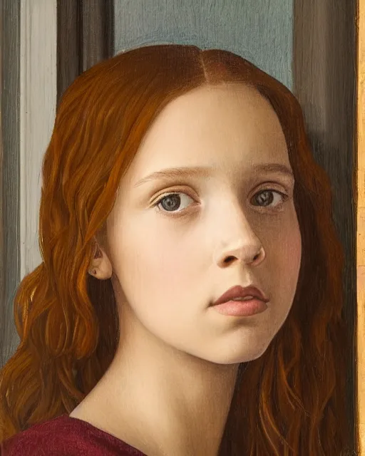 Image similar to a window - lit realistic portrait painting of a thoughtful girl resembling a young, shy, redheaded alicia vikander or millie bobby brown, lit by a window at the side, highly detailed, intricate, by leonardo davinci and boticelli