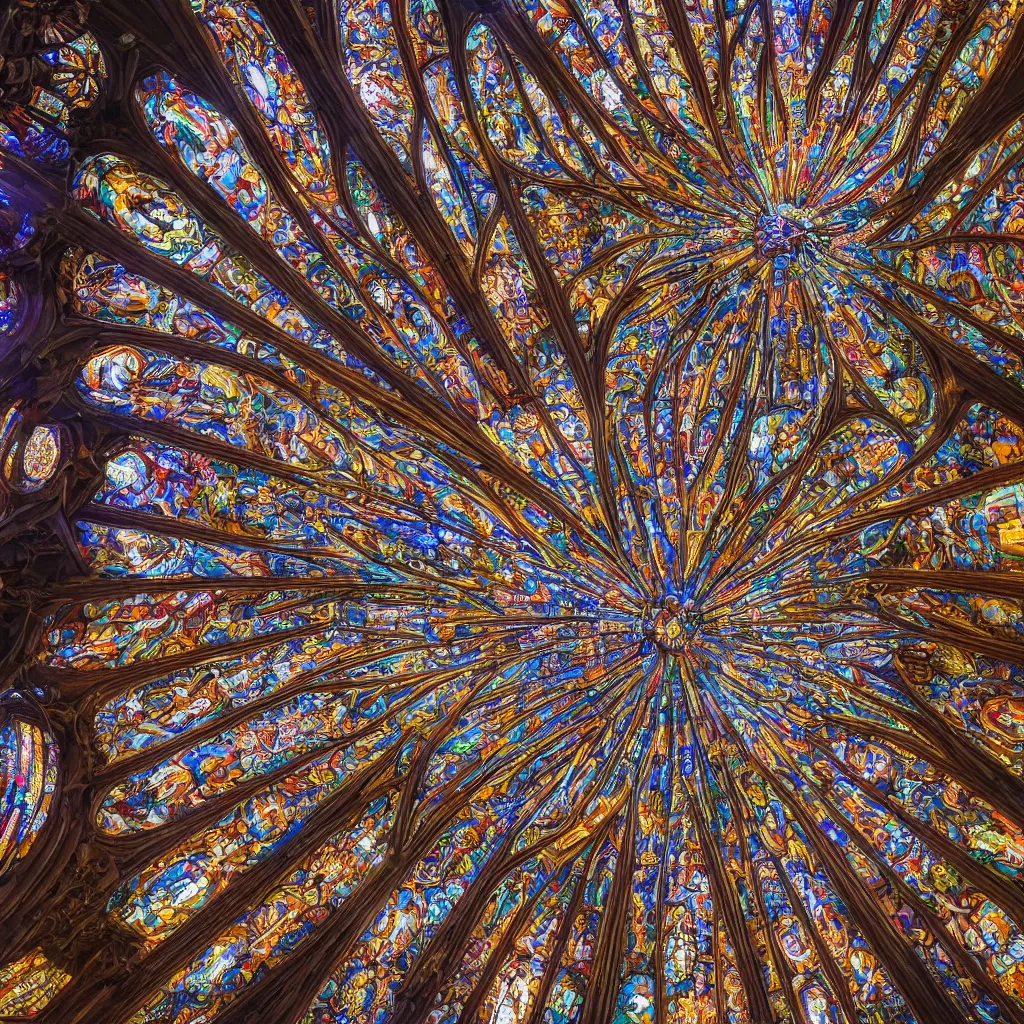 Prompt: looking up in a cathedral full of stained glass windows, inspirational, spiritual, fractal, visionary, 8 k, hyper detailed, perfect symmetry, stone sculpted walls, award winning, intricate photorealistic, psychedelic, god rays