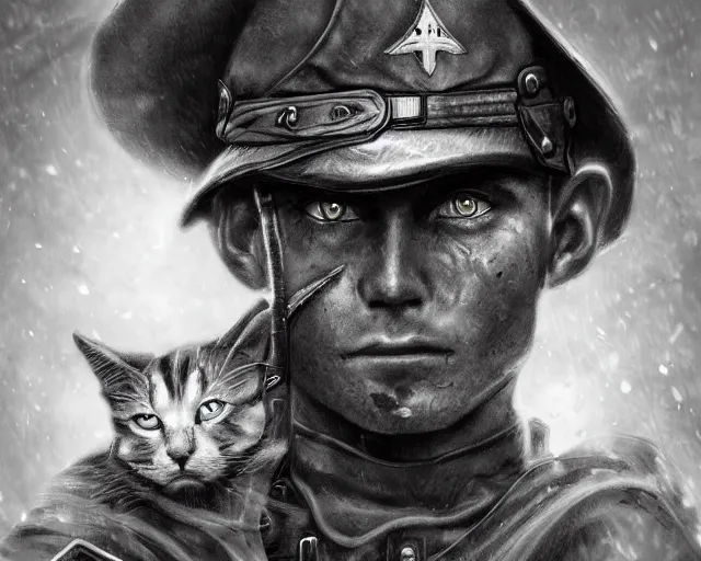 Prompt: A soldier holding a warrior cat in world war 1, close-up, realistic face, beautiful face detail, mature facial features, black and white, amazing digital art, hyper detailed, artstation, in the style of Tony Sart