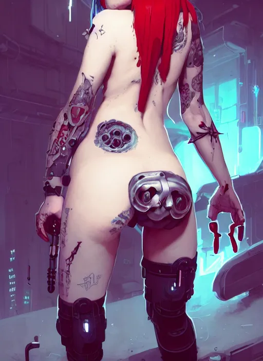 Image similar to portrait of cute cyborg succubus girl from behind with crown of thorns and horns covered with runic tattoos, warhammer, cyberpunk by atey ghailan, by greg rutkowski, by greg tocchini, by james gilleard, by joe gb fenton, by in kaethe butcher, dynamic lighting, gradient light blue, red, blonde cream and white color in scheme, grunge aesthetic