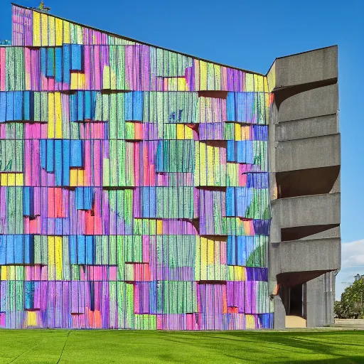 Image similar to a brutalist building made of colourful fabric sheets