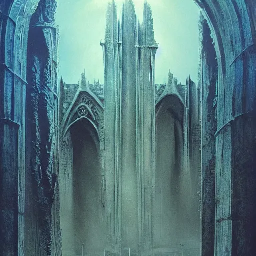 Image similar to explosion bridge, ruins, dark fantasy, arch bridge, neogothic architecture, symmetry, poster design, zdzisław beksiński, hr giger, occult mystical symbols in real life, high detail, blue fog