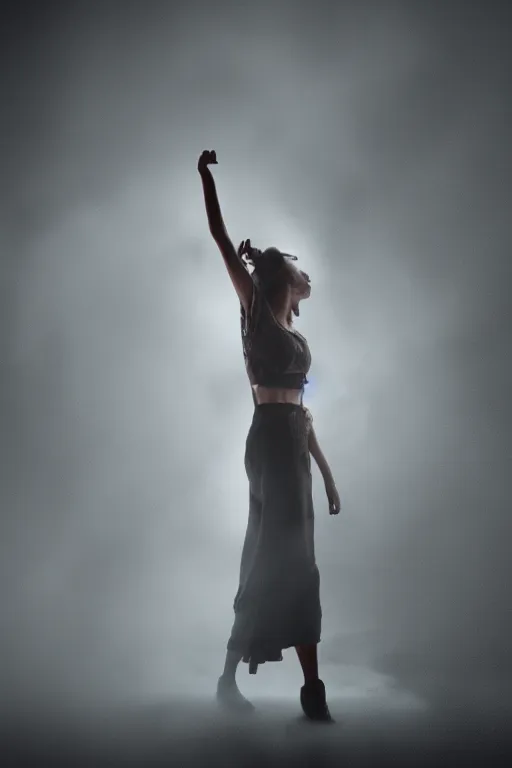 Image similar to a woman turning into smoke, dancing, atmospheric, octane render, volumetric light