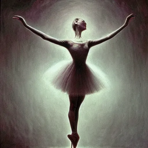 Prompt: beautiful ballerina inspired by giger, zdzislaw beksinski, cam de leon, and the art of stephen gammell