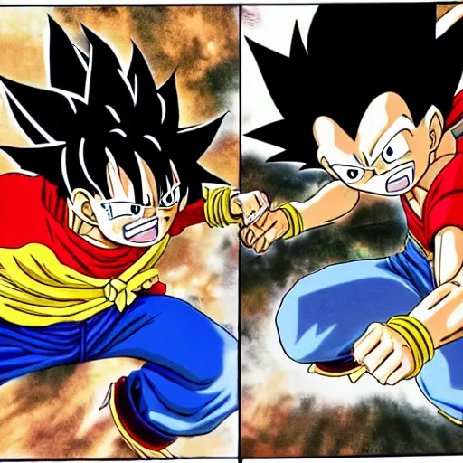 Prompt: Luffy vs Vegeta during the ultimate battle, by akira toriyama and eichiro oda