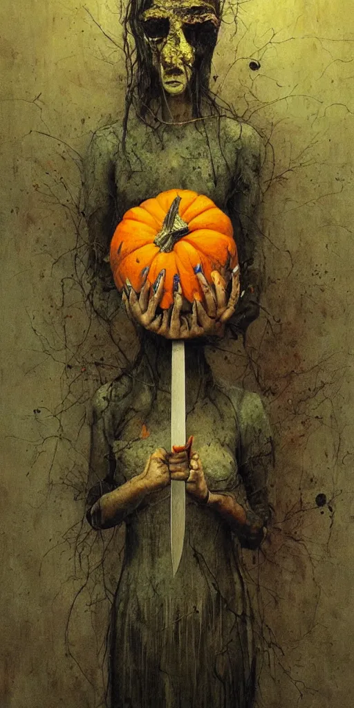 Image similar to a magic surrealism painting of a pumpkin head woman holding a knife 🔪 stands in an abandoned asylum, beksinski, dariusz zawadzki