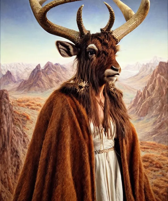 Image similar to a detailed horned antelopewoman stands among the mountains. wearing a ripped mantle, robe. perfect faces, extremely high details, realistic, fantasy art, solo, masterpiece, soft cimematic colors and lighting, art by daniel e. greene, zoey frank, vincent desiderio, hermann nitsch