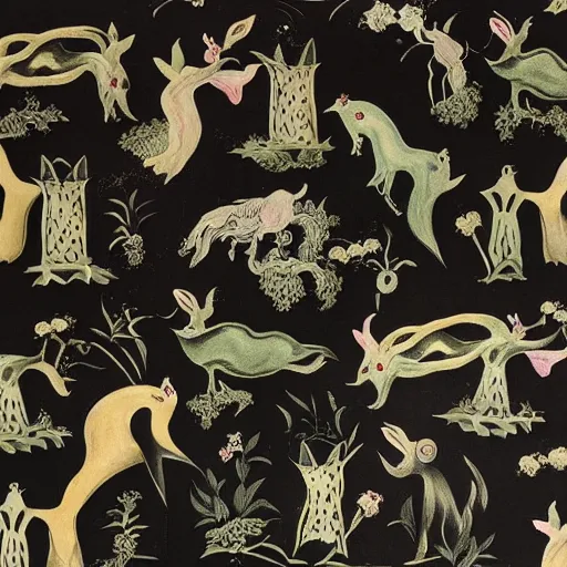 Image similar to wallpaper with flora and fauna, black background, designed by leonora carrington