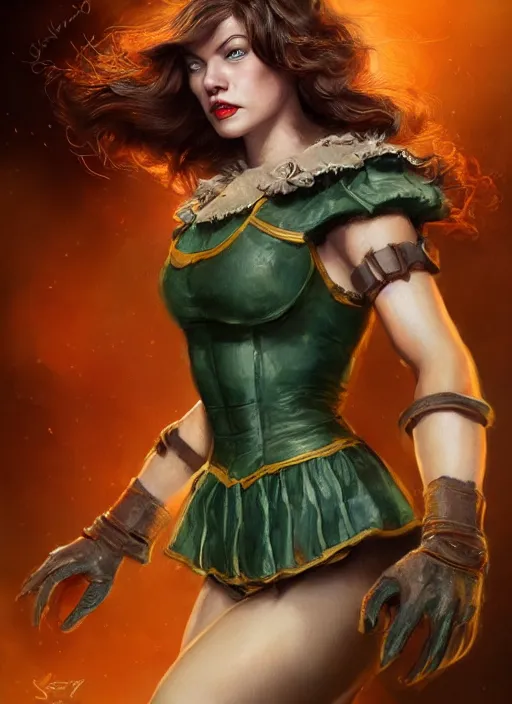 Prompt: beautiful female dorothy gale, milla jovovich as dorothy, full body character concept, armor, super powers, fantasy, intricate, elegant, highly detailed, digital painting, artstation, concept art, shining, sharp focus, illustration, art by stanley lau