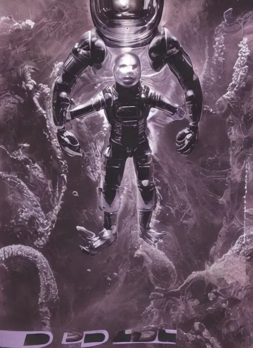 Image similar to polaroid astronauts in dark and void underwater - complex and hyperdetailed suit. reflection and dispersion materials. rays and dispersion of light. volumetric light. 5 0 mm, f / 3 2. noise film photo. flash photo. ultra realistic, poster by wayne barlowe, hajime sorayama aaron horkey, craig mullins, smooth. plastic