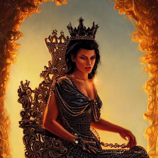 Prompt: a queen is sitting on her throne dressed in chains, beautiful highly detailed face, complementary lighting, backlit, black eyeshadow, grinning, adventure, dramatic lighting, landscape background, beautiful painting by artgerm and greg rutkowski and raymond swanland