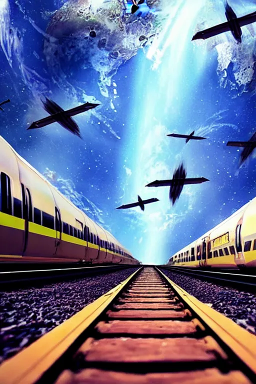 Image similar to flying train track in atmosphere around planet earth, epic award winning cinematic still