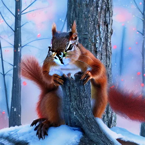 Prompt: Image of a smug red squirrel with arms crossed, standing in a winter forest, in front of a large pile of burning cellphones and laptops, digital art
