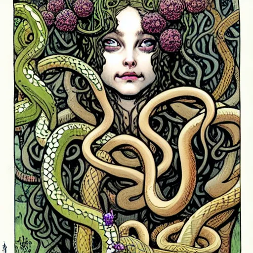 Image similar to A cute little medusa with snakes in your head collecting flowers in the forest. Absurdly-detailed fantasy character illustration by Rebecca Guay and Wayne Reynolds