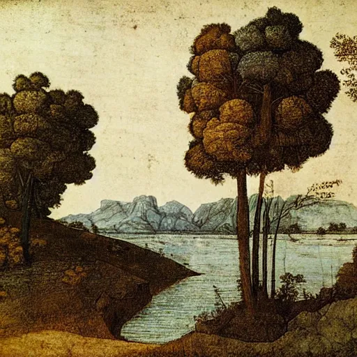 Prompt: a beautiful landscape, river, rocks, trees, by leonardo davinci