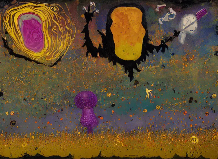 Image similar to expressionistic decollage painting golden armor alien zombie horseman riding on a crystal bone dragon broken rainbow diamond maggot horse in a blossoming meadow full of colorful mushrooms and golden foil toad blobs in a golden sunset, distant forest horizon, painted by Mark Rothko, Helen Frankenthaler, Danny Fox and Hilma af Klint, pixelated, semiabstract, color field painting, byzantine art, voxel art, pop art look, naive, outsider art. Bill Traylor painting, part by Philip Guston and Georg Baselitz art by Adrian Ghenie, 8k, extreme detail, intricate detail, masterpiece