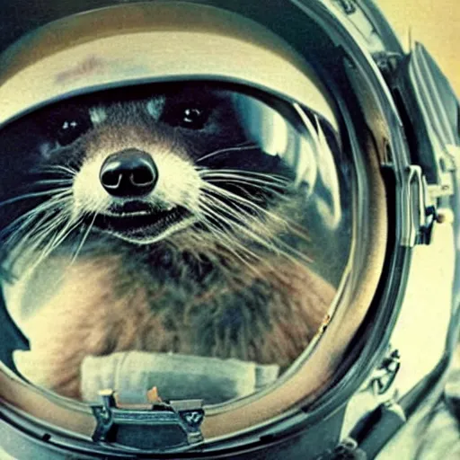 Prompt: realistic photo by annie liebovitz of a raccoon dressed as an astronaut wearing a space helmet