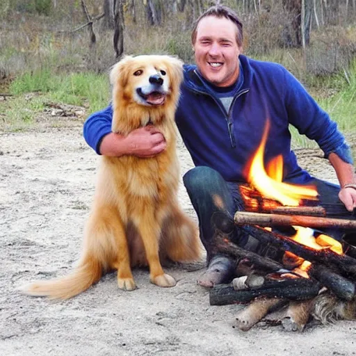 Image similar to picture of a hillbilly with long blonde hair with his australian shepherd around a bonfire