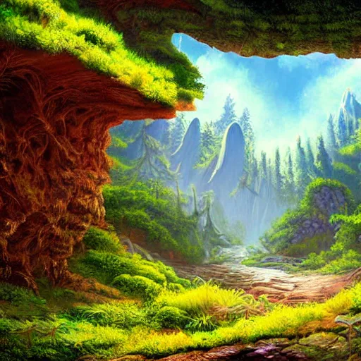 Image similar to digital painting of a lush natural scene on an alien planet by harlew flume. digital render. detailed. beautiful landscape. colourful weird vegetation. cliffs and water.