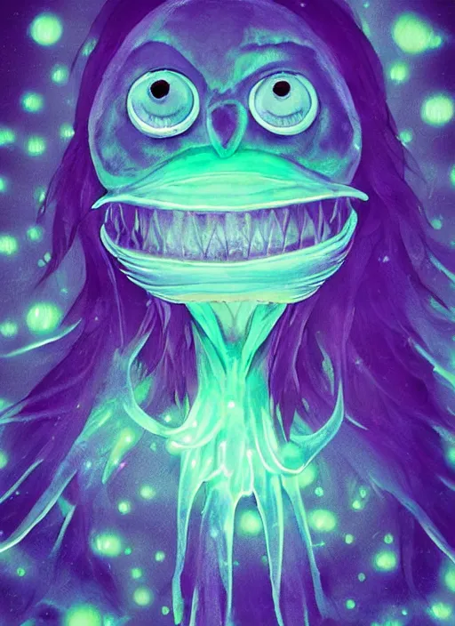 Prompt: kawaii portrait of a silly bashful squishy scifi saliva skeksis witch, painfully adorable, soft bioluminescent membranes, gushy gills and baleen, translucent skin shows cute skeletal details in front of arcade bokeh lights, friendly, occult, gelatinous with wittle tiny teeth, artgerm