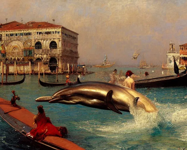 Image similar to dolphins swimming and jumping in venice, painting by gaston bussiere, craig mullins, j. c. leyendecker