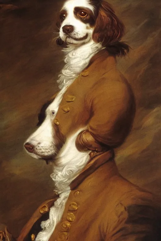 Prompt: A painted portrait of a brown haired springer spaniel wearing a sea captain's clothing, by Thomas Gainsborough, elegant, highly detailed, anthro, anthropomorphic dog