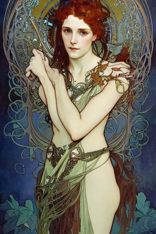 Prompt: realistic detailed portrait of a very beautiful warrior queen by alphonse mucha, charlie bowater, art nouveau cyberpunk! style, mechanical accents!, flowing wires with leaves, rich deep moody colors