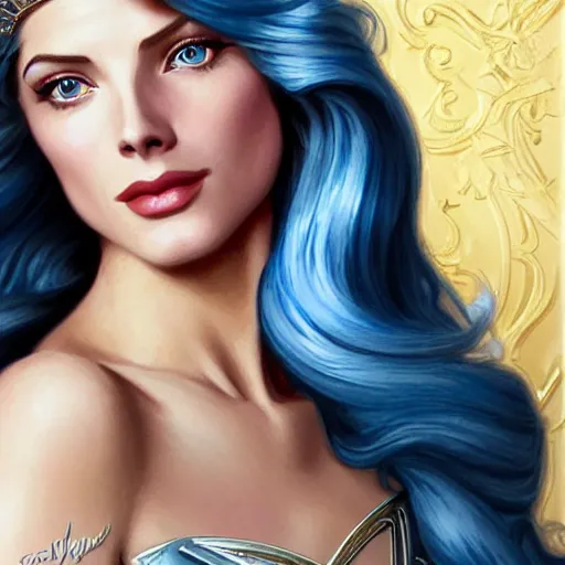 Image similar to A combination of Grace Kelly's and Katheryn Winnick's and Ashley Greene's faces with blue hair as She-Ra, western, D&D, fantasy, intricate, elegant, highly detailed, digital painting, artstation, concept art, matte, sharp focus, illustration, art by Artgerm and Greg Rutkowski and Alphonse Mucha