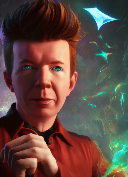 Prompt: A fantasy comic book style portrait painting of a rick astley as a mage, unreal 5, DAZ, hyperrealistic, octane render, RPG portrait, dynamic lighting