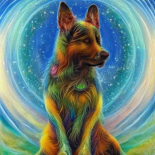 Image similar to enlightened spirit dog teacher by MICHAEL DIVINE and by AMANDA SAGE in the style of oil painting visionary art, oil painting artwork. , trending on artstation, very coherent symmetrical artwork, oil painting