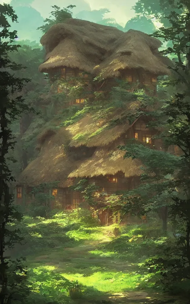 Image similar to Stunning cottage, solar, lush, forest, beautiful, by Studio Ghibli and Greg Rutkowski, artstation