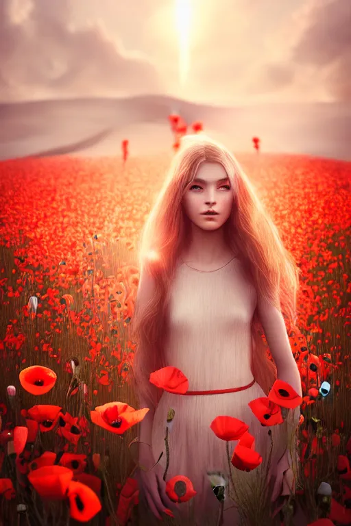 Image similar to epic Beautiful art portrait of a light elemental girl in a poppy' field , atmospheric lighting, intricate detail, cgsociety, hyperrealistic, octane render, RPG portrait, ambient light, dynamic lighting