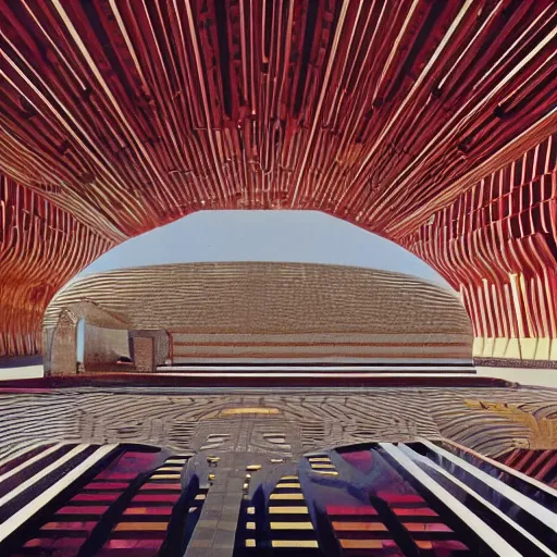 Prompt: interior of a futuristic temple of the sun with gold, red and white marble panels, in the desert, by buckminster fuller and syd mead, intricate contemporary architecture, photo journalism, photography, cinematic, national geographic photoshoot