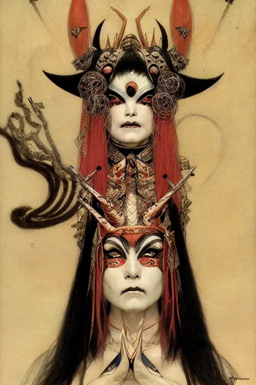 Prompt: kabuki viking priestess by wayne barlowe, gustav moreau, goward,  Gaston Bussiere and roberto ferri, santiago caruso, and austin osman spare, ((((occult art))))