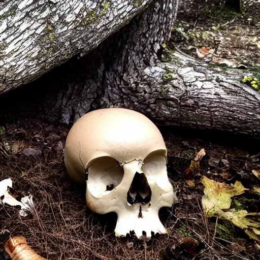 Image similar to a broken skull in the forest, mushrooms growing from cracks in the skull