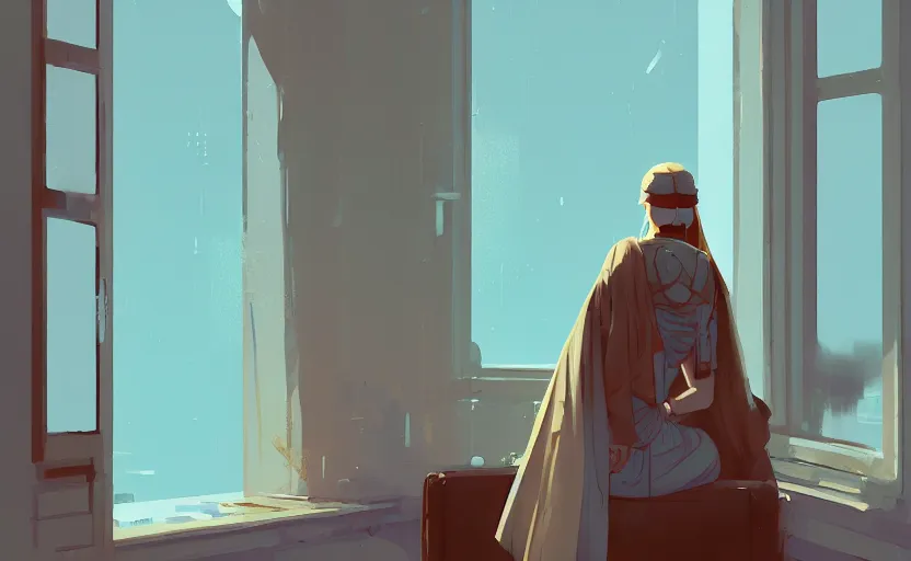 Image similar to female ottoman princess standing near the window by atey ghailan, by greg rutkowski, by simon stalenhag, by greg tocchini, by james gilleard, by joe fenton, by kaethe butcher dynamic lighting, gradient light blue, brown, blonde cream and white color scheme, grunge aesthetic