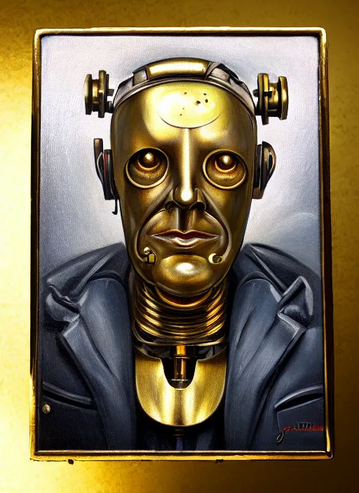 Prompt: Portrait Bust oil painting of an Old cyborg man by Jama Jurabaev with one Robot eye, Art Deco borders, Art Deco Background, Shiny, Metal, Diffused lighting, Gold, Cyborg DC, Brass, no glasses, Bust Portrait, Steam Punk, Wearing a worn out suit, extremely detailed, brush hard, brush strokes, Dorothea Lange, Migrant Mother, artstation