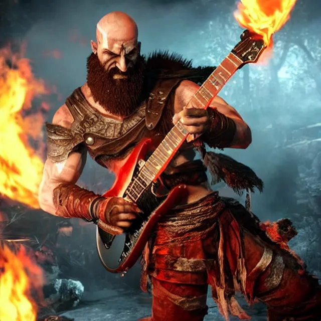 Prompt: glowing eyes kratos shredding on a flaming stratocaster guitar, cinematic render, god of war 2 0 1 8, santa monica studio official media, lightning