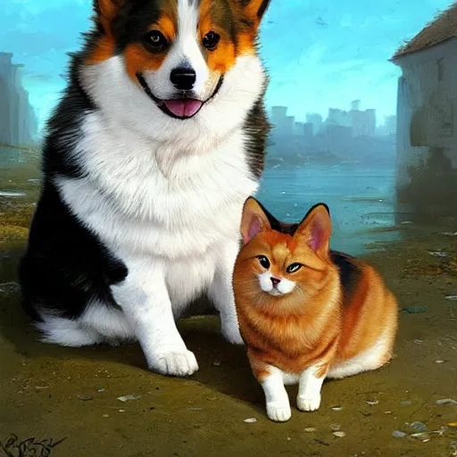 Image similar to corgi and a cat are bestfriends geog darrow greg rutkowski