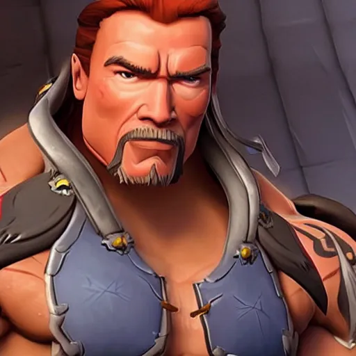 Image similar to a screenshot of arnold schwarzenegger as hanzo in overwatch