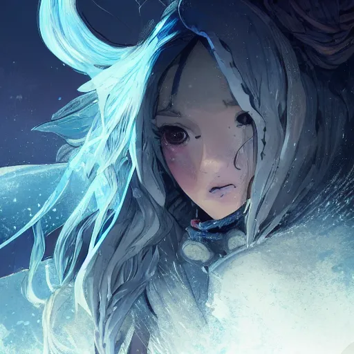 Prompt: highly detailed portrait of a pretty frostpunk rogue thief lady with wavy blonde hair, by Dustin Nguyen, Akihiko Yoshida, Greg Tocchini, Greg Rutkowski, Cliff Chiang, 4k resolution, nier:automata inspired, bravely default inspired, vibrant but dreary northern lights technicolor color scheme!!! ((Snowy town background))